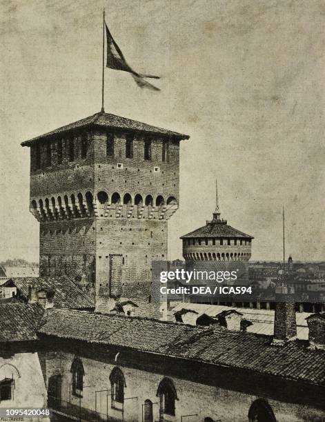 The restored Bona Tower , Sforza Castle, Milan, Italy, engraving by Treves brothers from a photograph by G Beltrami from L'Illustrazione Italiana,...