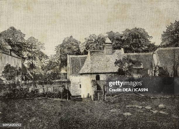 The Hougoumont farm, Belgium, commemoration of the Battle of Waterloo , engraving from L'Illustrazione Italiana, year 21, no 24, June 17, 1894.