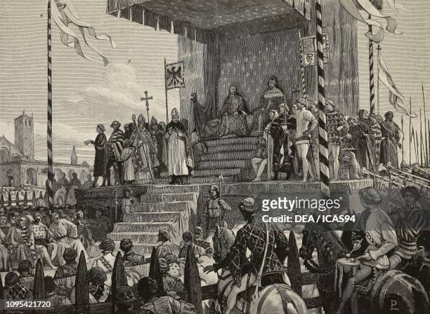 Gian Galeazzo Visconti , Italian politician, being proclaimed Duke of Milan, engraving by Sabattini from a drawing by Lodovico Pogliaghi from the...