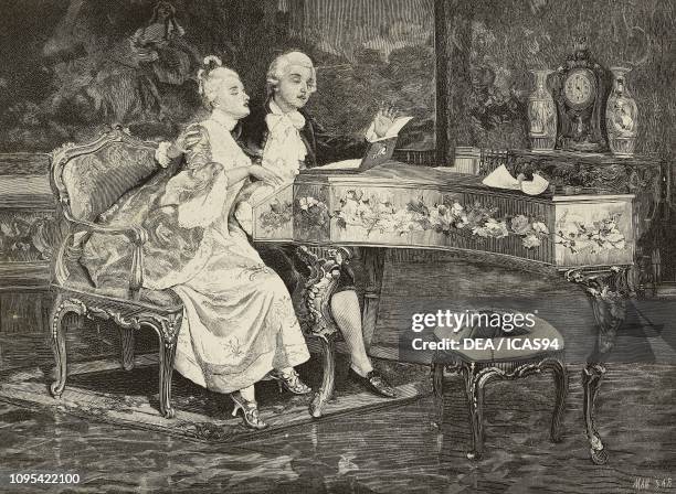 Little Duet, a couple singing and playing the piano, engraving from a painting by Fabio Cipolla from L'Illustrazione Italiana, year 21, no 51,...