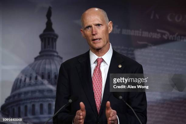 Sen. Rick Scott speaks during a news conference at the U.S. Capitol January 17, 2019 in Washington, DC. Sen. Scott held the news conference to...