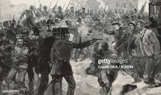 Protesters clash with police on Labor Day, May 1 Rome, Italy, engraving from a drawing by Dante Paolocci, from L'Illustrazione Italiana, year 18, no...