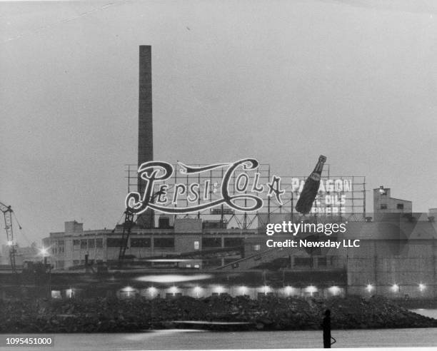Long Island City, N.Y.: The neon Pepsi Cola sign on the Queens side of the East River in Long Island City, New York is pictured on May 1, 1972.