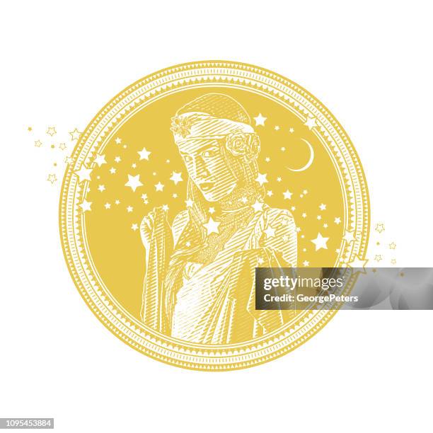 earth goddess with stars and moon circle frame - moon goddess stock illustrations