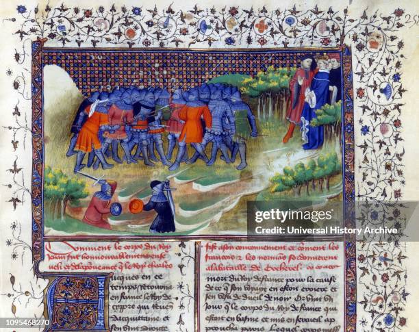 Medieval illustration of Knights in battle from Froissart's Chronicles; prose history of the Hundred Years' War written in the 14th century by Jean...