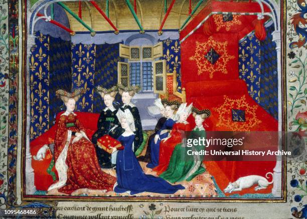 Miniature painted by the Master of the Cite des Dames. Shows Christine de Pisan presenting her book to queen Isabeau of Bavaria. Illuminated...