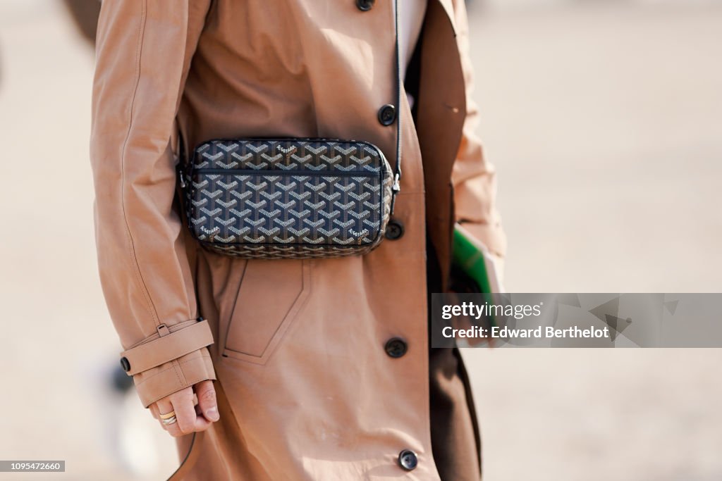 A Goyard bag is seen, outside Off-White, during Paris Fashion Week