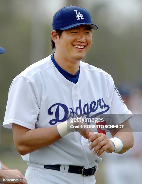 Los Angeles Dodgers Infielder Hee-Seop Choi of South Korea prepares before a practice session at their Spring Training center in Vero Beach, Florida,...