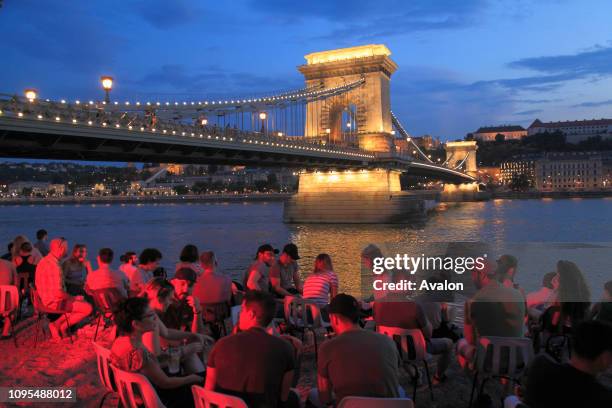 Hungary, Budapest, Chain Bridge, Lanchid, Danube River, people.