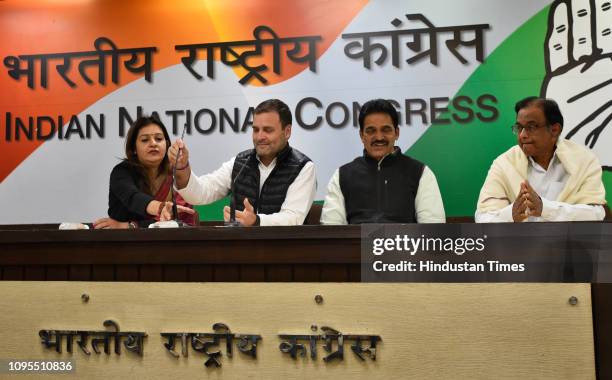 Congress President Rahul Gandhi with party General Secretary K C Venugopal, spokesperson Priyanka Chaturvedi and former Union Finance minister P...