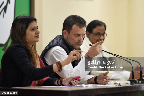Congress President Rahul Gandhi with party spokesperson Priyanka Chaturvedi and former Union Finance minister P Chidambaram during a press conference...