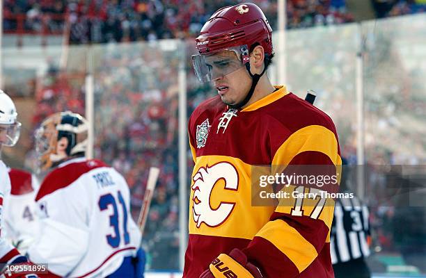 Rene Bourque of the Calgary Flames skates against the Montreal Canadiens on February 20, 2011 during the 2011 Heritage Classic at McMahon Stadium in...