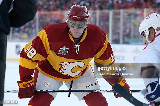 Matt Stajan of the Calgary Flames skates against the Montreal Canadiens on February 20, 2011 during the 2011 Heritage Classic at McMahon Stadium in...