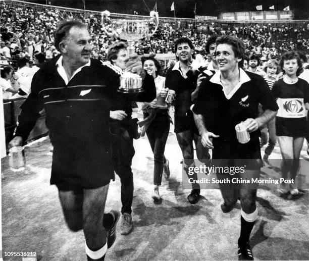 Cathay Pacific-Hongkong Bank Invitation Sevens - New Zealand running around Hong Kong Stadium after beating the French Barbarians in the Rugby Sevens...