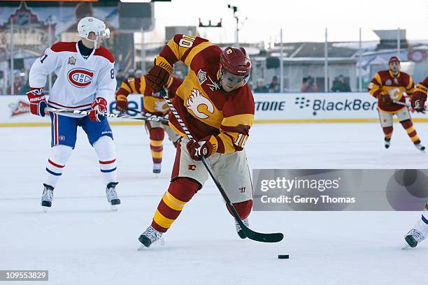 Niklas Hagman of the Calgary Flames skates against the Montreal Canadiens on February 20, 2011 during the 2011 Heritage Classic at McMahon Stadium in...