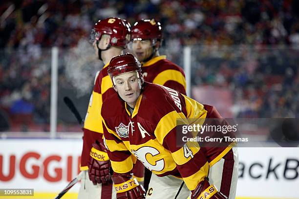 Jay Bouwmeester of the Calgary Flames skates against the Montreal Canadiens on February 20, 2011 during the 2011 Heritage Classic at McMahon Stadium...