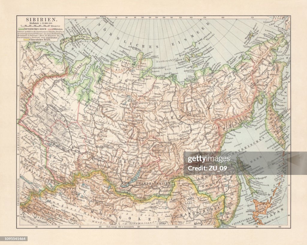 Topographic map of Siberia, Russia, lithograph, published in 1897