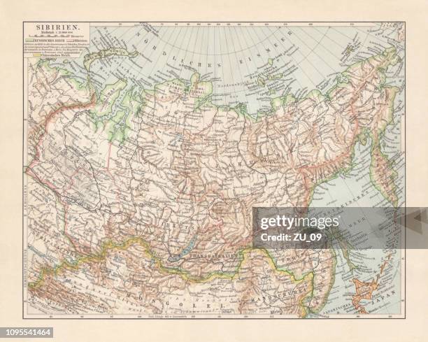 topographic map of siberia, russia, lithograph, published in 1897 - siberia stock illustrations