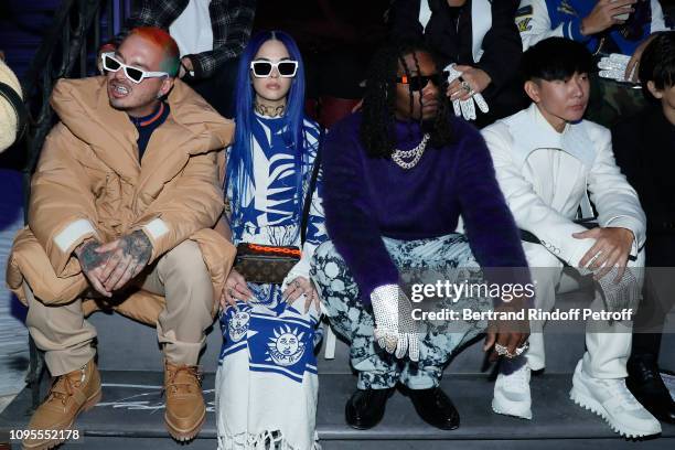 Singer J Balvin, a guest, Rapper Offset and singer JJ Lin attend the Louis Vuitton Menswear Fall/Winter 2019-2020 show as part of Paris Fashion Week...