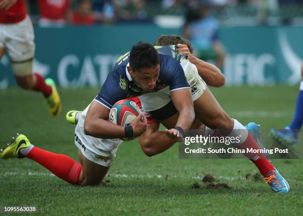 This picture shows No. 12 Kazuhiro Goya of Japan in action against Argentina during the 2015 Rugby Sevens tournament in Hong Kong. 28MAR15