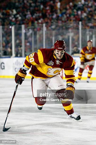 Curtis Glencross of the Calgary Flames skates against the Montreal Canadiens on February 20, 2011 during the 2011 Heritage Classic at McMahon Stadium...