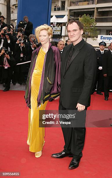 Tilda Swinton and Quentin Tarantino during 2004 Cannes Film Festival - "De Lovely" - Premiere And Closing Ceremony at Palais Des Festival in Cannes,...