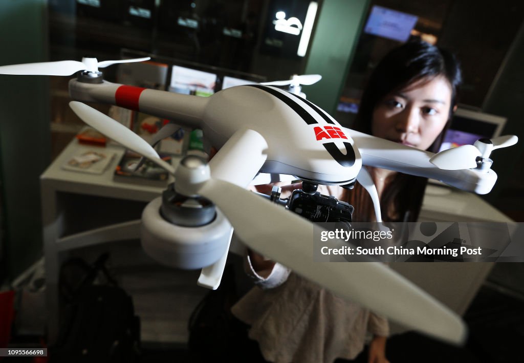 AEE Technology's new drone model AP11, which will be launched in May at an expected price of USD800. Pictured at the press conference of Lighting and Electronics Fairs and ICT Expo at HKCEC, Wan Chai.   30MAR15