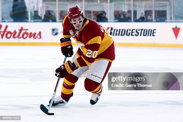 Curtis Glencross of the Calgary Flames skates against the Montreal Canadiens on February 20, 2011 during the 2011 Heritage Classic at McMahon Stadium...