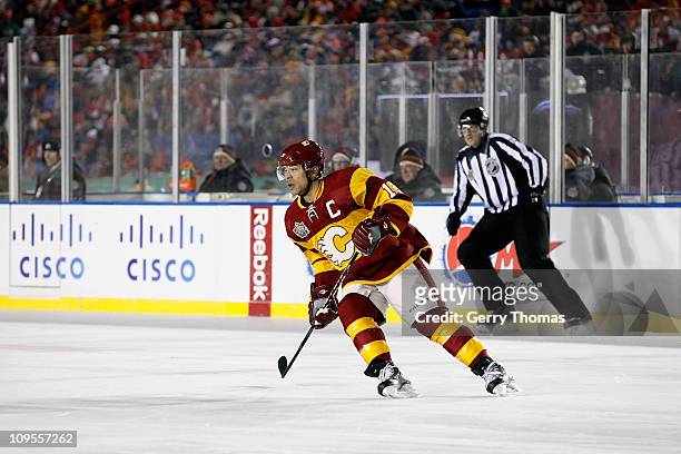 Jarome Iginla of the Calgary Flames skates against the Montreal Canadiens on February 20, 2011 during the 2011 Heritage Classic at McMahon Stadium in...