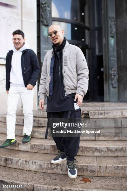 Errolson Hugh is seen attending Issey Miyake during Men's Paris Fashion Week AW19 wearing ACRONYM on January 17, 2019 in Paris, France.