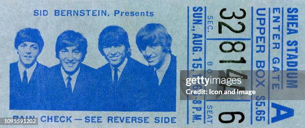 Still-life of a Beatles ticket stub for their concert at Shea Stadium on August 15, 1965 in Flushing, New York. The cost for the ticket was $5.65.