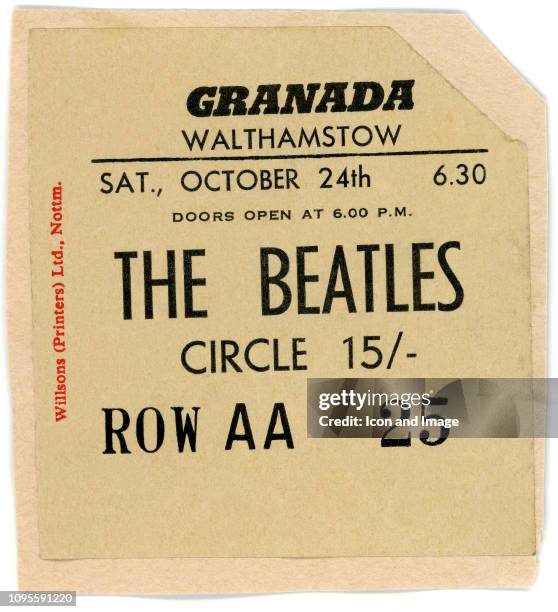 Still-life of a Beatles ticket stub for their concert at the Granada Cinema on October 24, 1964 in Walthamstow, London, England, United Kingdom.