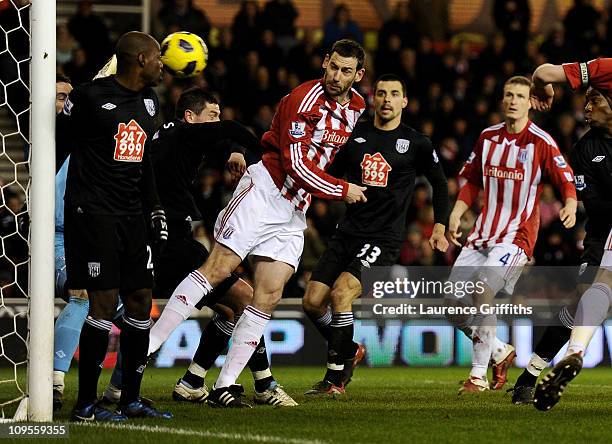 Rory Delap of Stoke City scores the opening goal during the Barclays Premier League match between Stoke City and West Bromwich Albion at The...