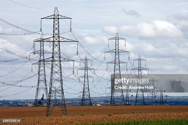 electricity power transmission line pylons - torre-de-alta-tensão imagens e fotografias de stock