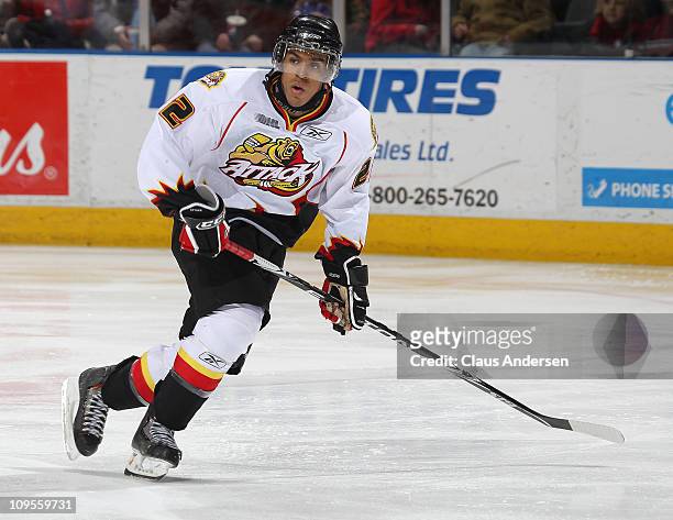 Matt Petgrave of the Owen Sound Attack skates in a game against the London Knights on February 25, 2011 at the John Labatt Centre in London, Canada....