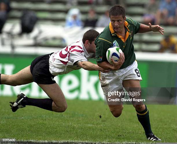 Jan 2001 Bobby Skinstad of South Africa is held by George Buglanishvill of Geogia during the World Cup 7s held at Mar del Plata, Argentina. Mandatory...