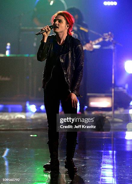 Musician Gerard Way of My Chemical Romance performs onstage during Spike TV's "2010 Video Game Awards" held at the LA Convention Center on December...