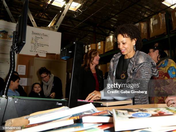 Drummer Cindy Blackman uses book sorting machine at Spread the Word Nevada on January 17, 2019 in Henderson, Nevada.