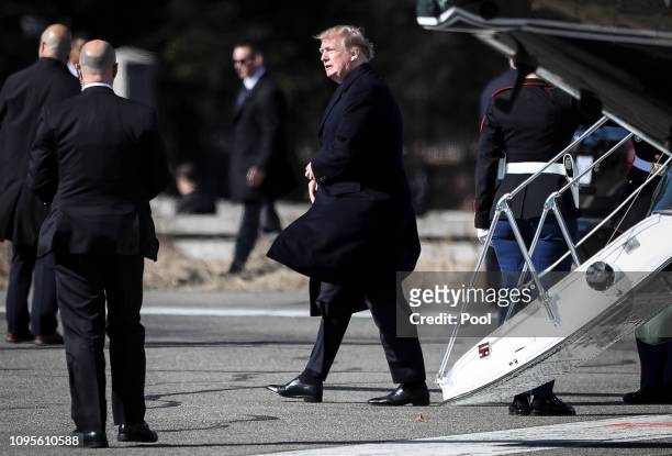 President Donald Trump arrives aboard Marine One at Walter Reed National Military Medical Center for his annual physical exam on February 8, 2019 in...