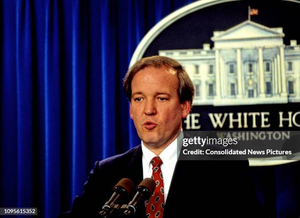 White House Press Secretary Mike McCurry delivers a daily briefing in the White House's Press Room, Washington DC, November 13, 1995.