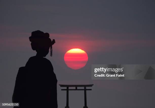 view of sunrise and geisha silhouette - geisha stock pictures, royalty-free photos & images