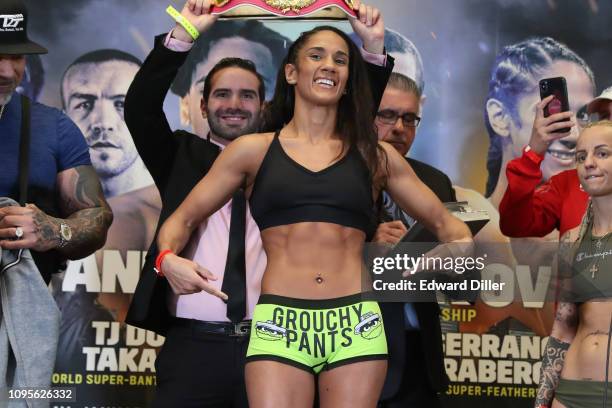 Amanda Serrano weighs in for her bout against Eva Voraberger for the vacant World Boxing Organisation World Female Super Flyweight Title in Chase...