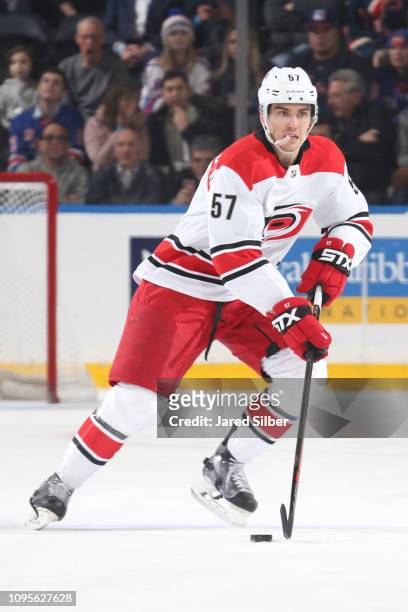 Trevor van Riemsdyk of the Carolina Hurricanes skates with the puck against the New York Rangers at Madison Square Garden on January 15, 2019 in New...