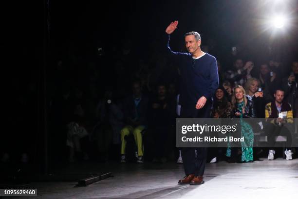 Designer Dries Van Noten acknowledges the audience during the Dries Van Noten Menswear Fall/Winter 2019-2020 show as part of Paris Fashion Week on...