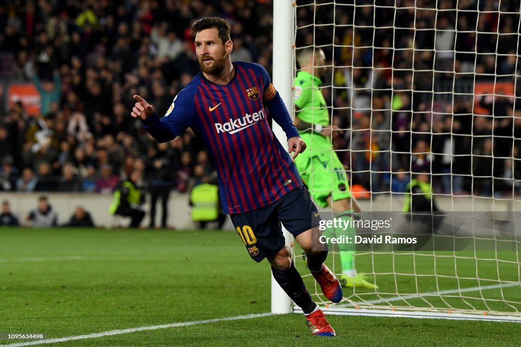 Lionel Messi of FC Barcelona celebrates his goal during the Copa del