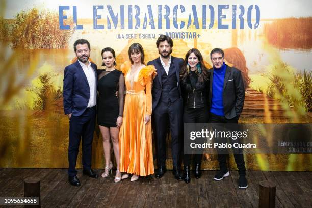 Jesus Colmenar, Veronica Sanchez, Irene Arco, Alvaro Morte, Esther Martínez Lobato and Alex Pina attend the 'El Embarcadero' premiere at Callao...