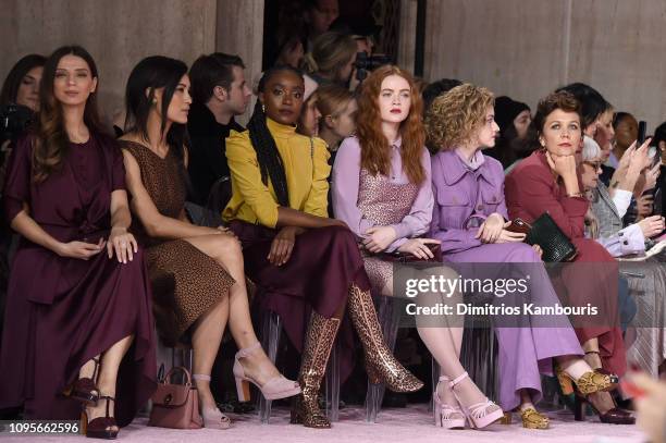 Angela Sarafyan, Julia Jones, Kiki Layne, Sadie Sink, Julia Garner and Maggie Gyllenhaal attend the Kate Spade Fashion show during New York Fashion...