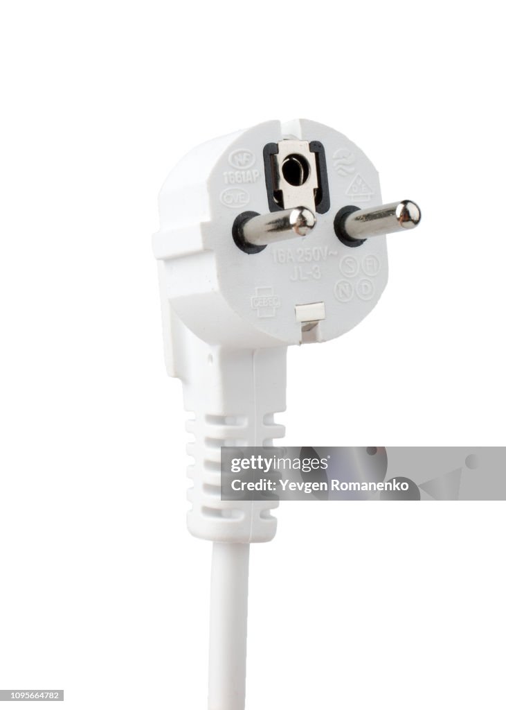 White electric plug type F with white cable isolated on white background