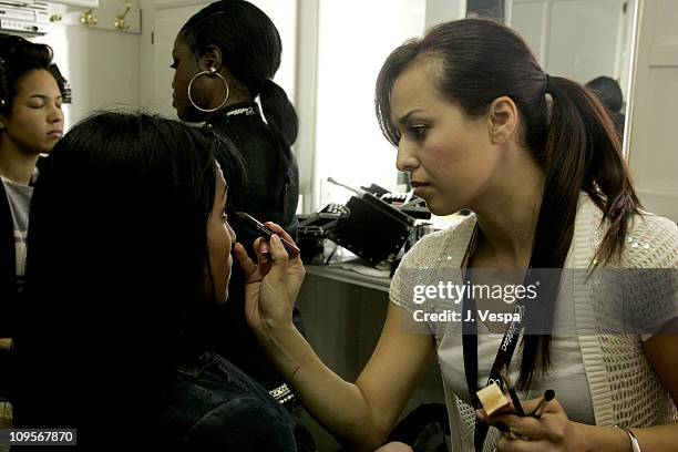 Model backstage at Rocke & Republic Fall 2005 during Cadillac Presents Rock & Republic Fall 2005 Fashion Show - Backstage and Front Row at Sony...