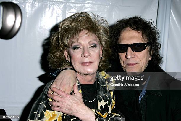 Holly Woodlawn and Mick Rock during DKNY Jeans Presents "Mick Rock Live in L.A." Exhibit at the Lo-Fi Gallery at Lo-Fi in Los Angeles, California,...
